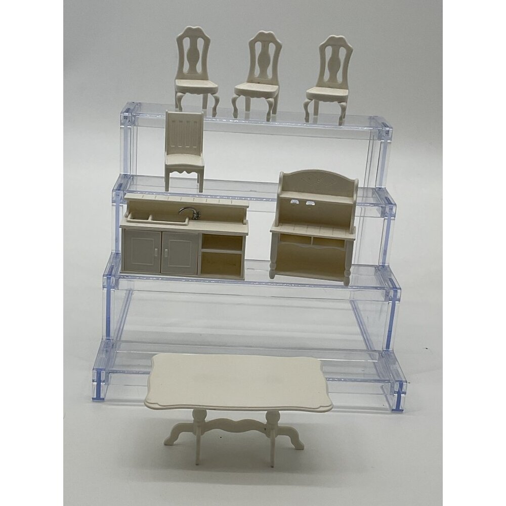 Dollhouse Miniature Furniture Set With Chairs Table Sink Hutch In Cream Plastic